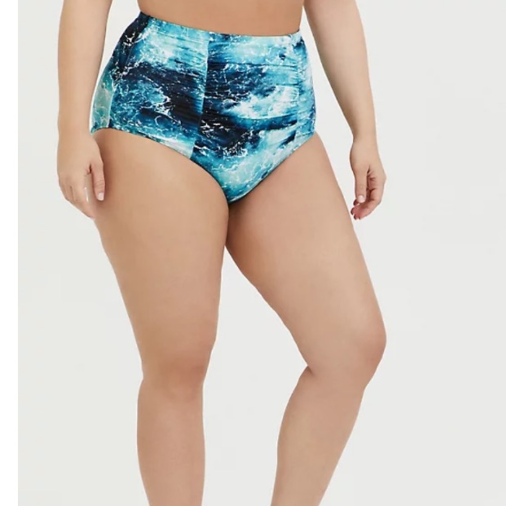 TORRID BLUE OCEAN HIGH WAIST RUCHED SWIM BOTTOM